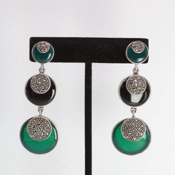 STERLING SILVER DECO ONYX CHALCEDONY LONG EARRINGS - Picture 5 of 12